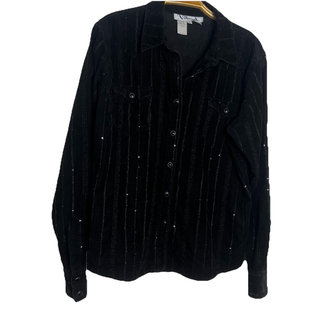 Vintage Y2K Black Velvet Corduroy Sequined Denim Jacket Size L Made In USA‎